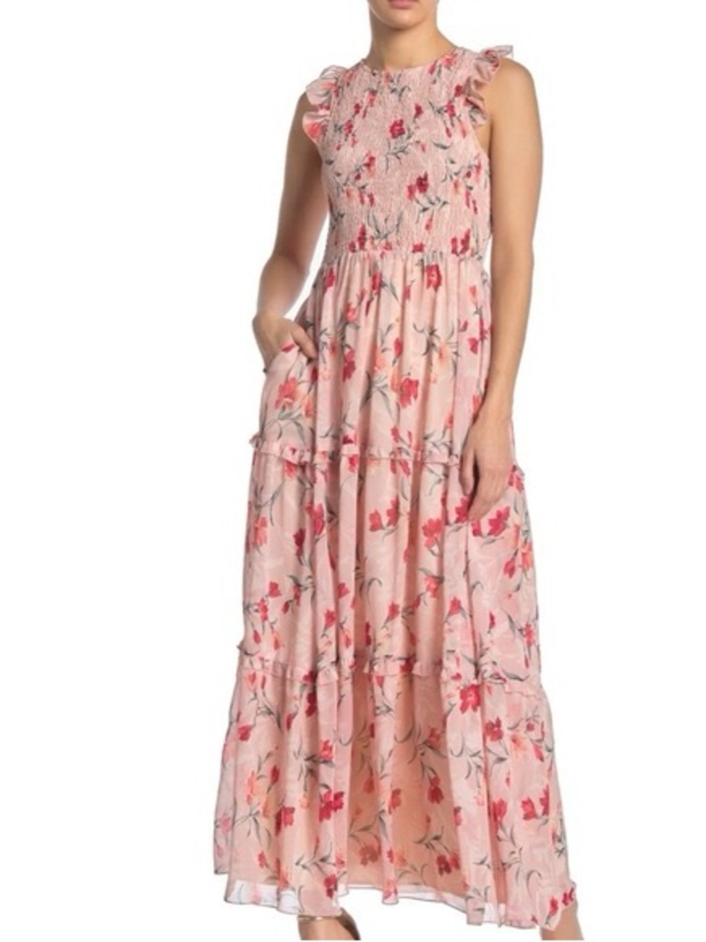 MELLODAY Pink Floral Maxi Dress with Red Accents 39891